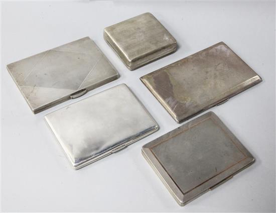 Four assorted silver cigarette cases including retailed by Boodle & Dunthorne and a Dutch silver box.